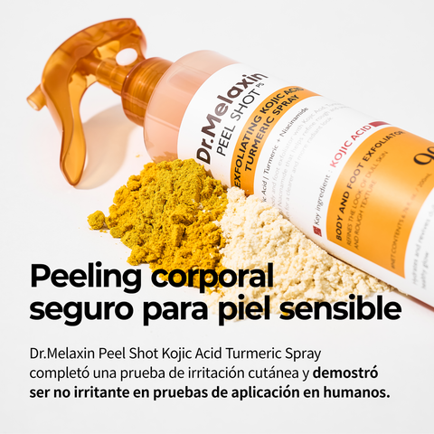 [¿Piel áspera y con textura irregular? ¡Un solo spray!] Peel Shot – Spray Exfoliante Corporal con 99% de Ácido Kójico y Cúrcuma