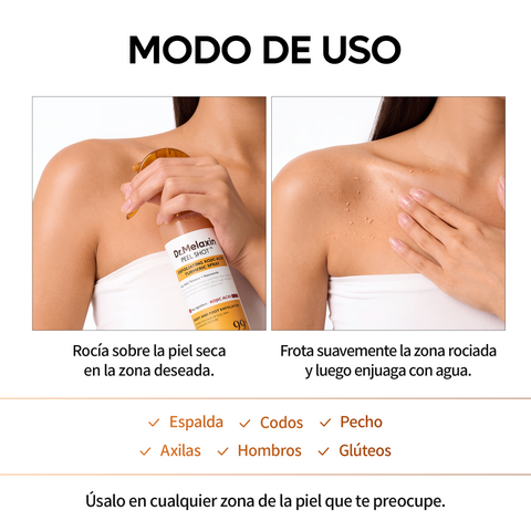 [¿Piel áspera y con textura irregular? ¡Un solo spray!] Peel Shot – Spray Exfoliante Corporal con 99% de Ácido Kójico y Cúrcuma
